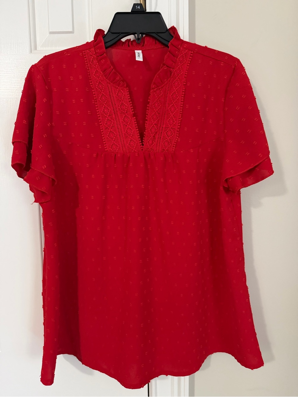 Women's Red Embroidered Split-Neck Blouse